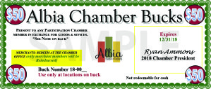 An example of a chamber marketing idea of selling chamber bucks or local currency. Image courtesy of Albia Chamber.