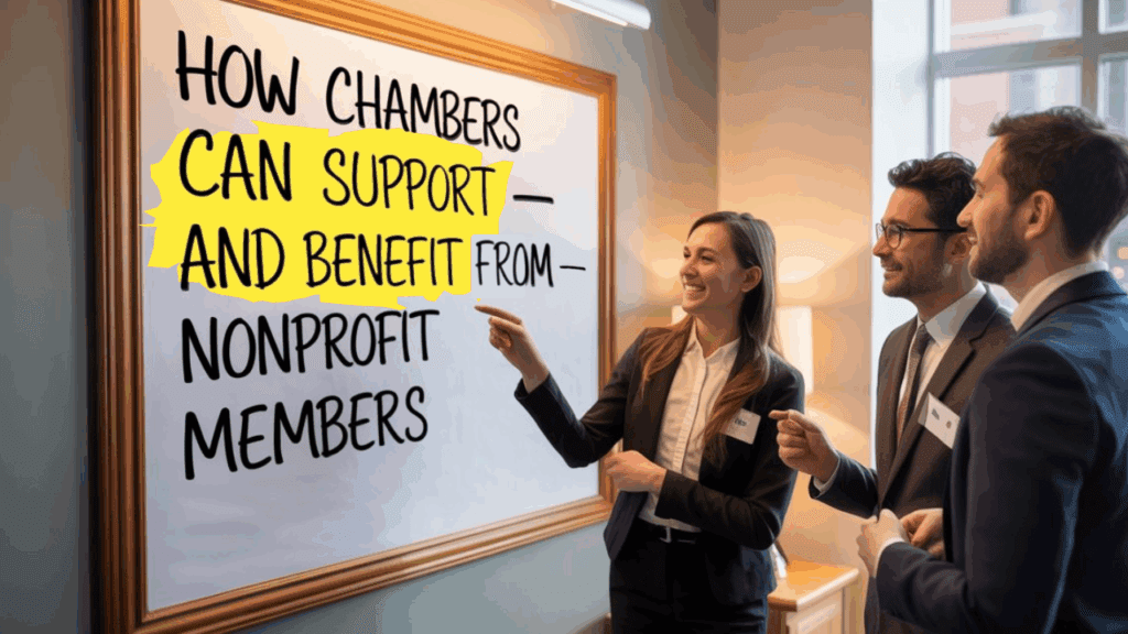 business professionals looking at writing on a bulletin board that says How Chambers Can Support - and Benefit from - Nonprofit Members 