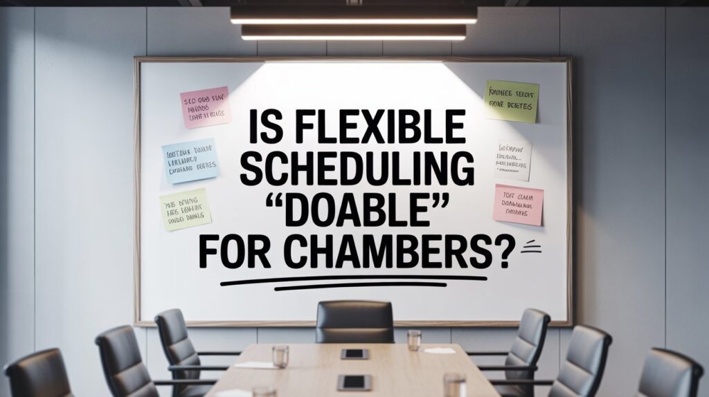Dry-Erase board in a meeting room - it says, "Is Flexible Scheduling Doable for Chambers"