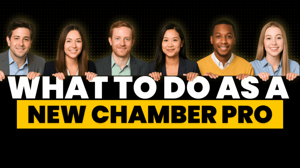 Row of Business Professionals standing over an invisible wall with the words, "What To Do As A New Chamber Pro"