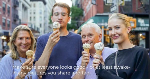 Group of people eating ice cream - don't tag people who don't look good or awake.