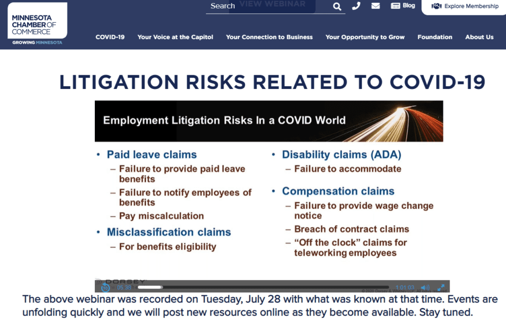 Screenshot from Minnesota Chamber of Commerce which has extensive list of on-demand webinars for dealing with COVID issues.