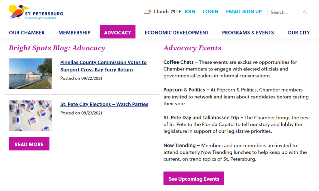 St Petersburg Chamber of Commerce business advocacy page shows many options for members.