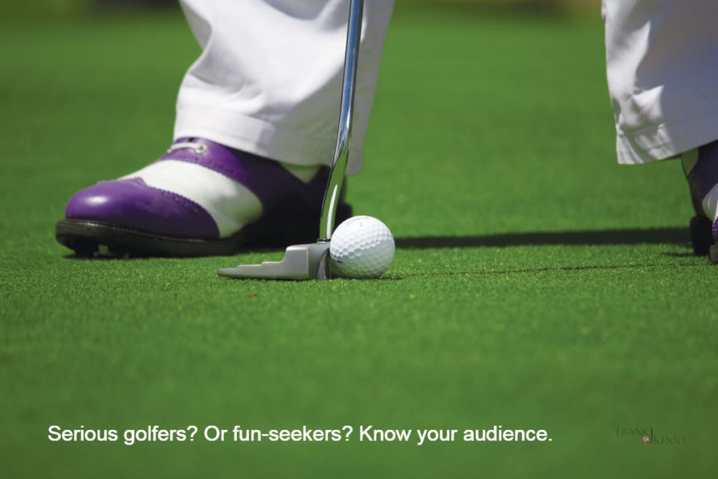 Chamber Fundraising Golf Tournament Ideas: Image of a golfer wearing purple Oxfords while lining up a putt.