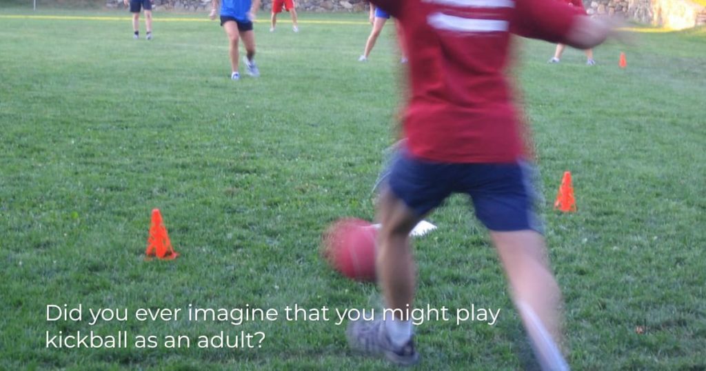 Image of people playing kickball - ever imagine you'd play it as an adult?