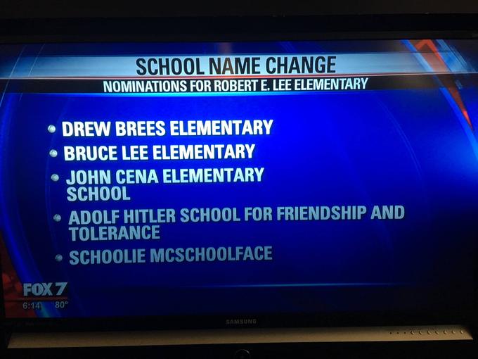 Screenshot of a croudsourced school name contest with suggestions like school mcshooleyface