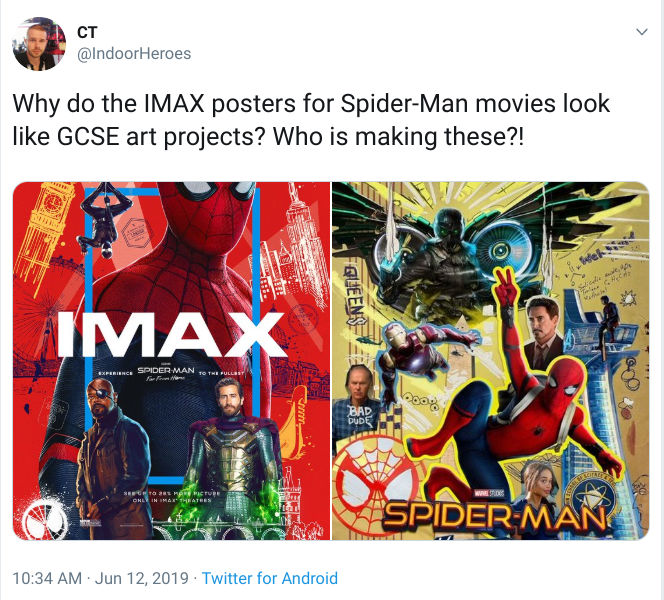 Screenshot of popular tweet criticizing the terrible quality of the new Spider Man FFH posters.