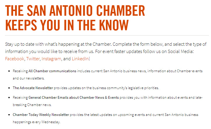 Screenshot of San Antonio Chamber email newsletters to give chamber newsletter ideas for content.