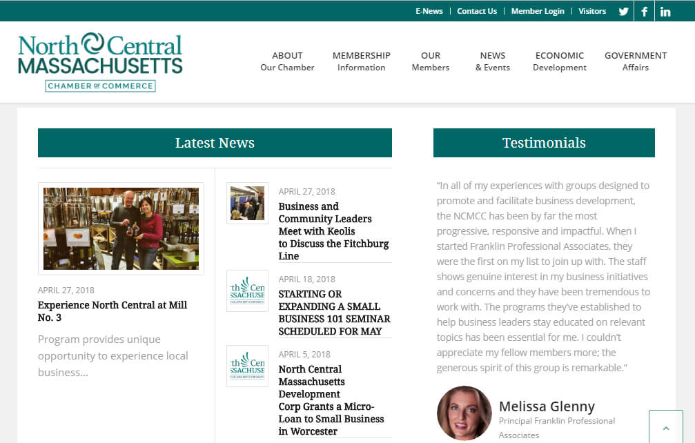 Chamber website design best practice example screen shot from North Central Massachusetts Chamber of Commerce