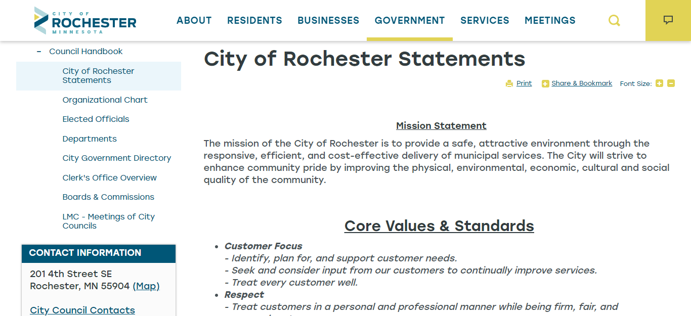 City of Rochester mission statement and value as example of research to learn how to collaborate with city government.
