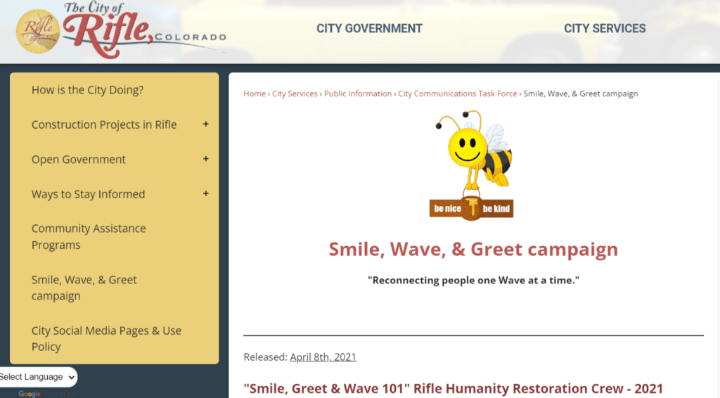 Screenshot from City of Rifle, CO, Smile, Wave & Greet Campaign. 