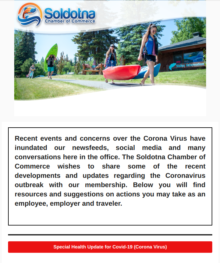 Soldotna Chamber email newsletter about coronavirus precautions.