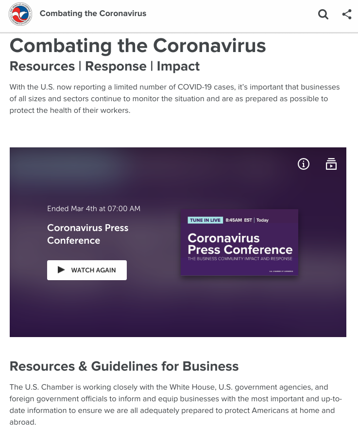 US Chamber of Commerce provides information about the coronavirus for chambers and businesses.