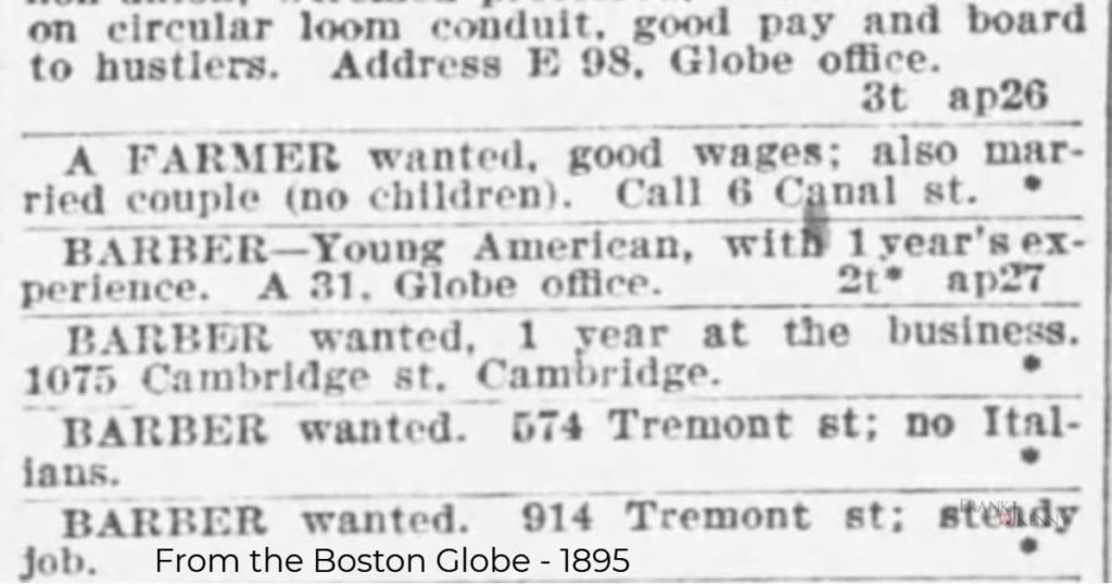 Clipping of help wanted ads from the Boston Globe in 1895