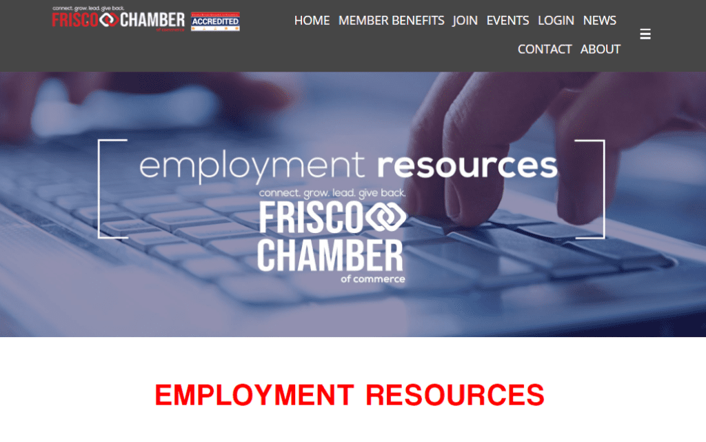 Screenshot of the employment resources page - a creative morale booster idea - from the Frisco, Texas chamber of commerce website.