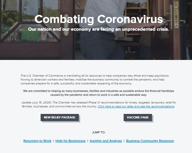 Screen shot from the US Chamber of Commerce website page with coronavirus resources.