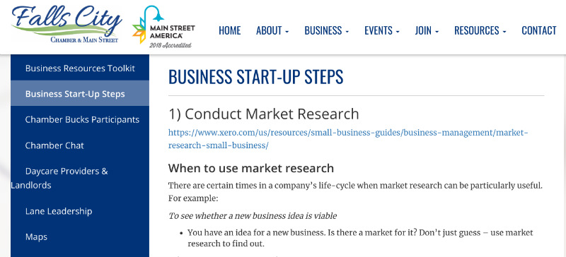 Screenshot from the Fall City Chamber of Commerce resources page: https://fallscityareachamber.com/resources/business-start-up-checklist/
