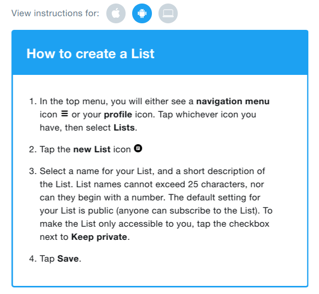 Screenshot of how to create a list on Twitter.