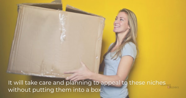 Image of a woman with a large cardboard box as a reminder to not put your niche members in a constrained box.