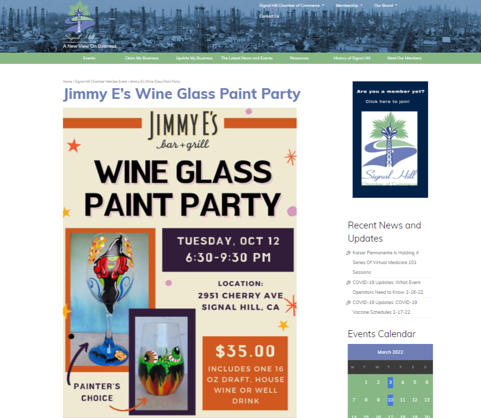 Screenshot from Signal Hill Chamber, non-dues revenue event: Wine Glass Paint Party.