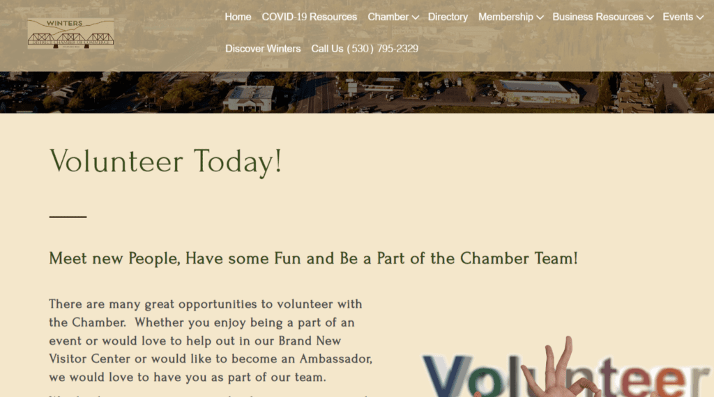 Screenshot from volunteer recruiting page of the Winters CA Chamber of Commerce.