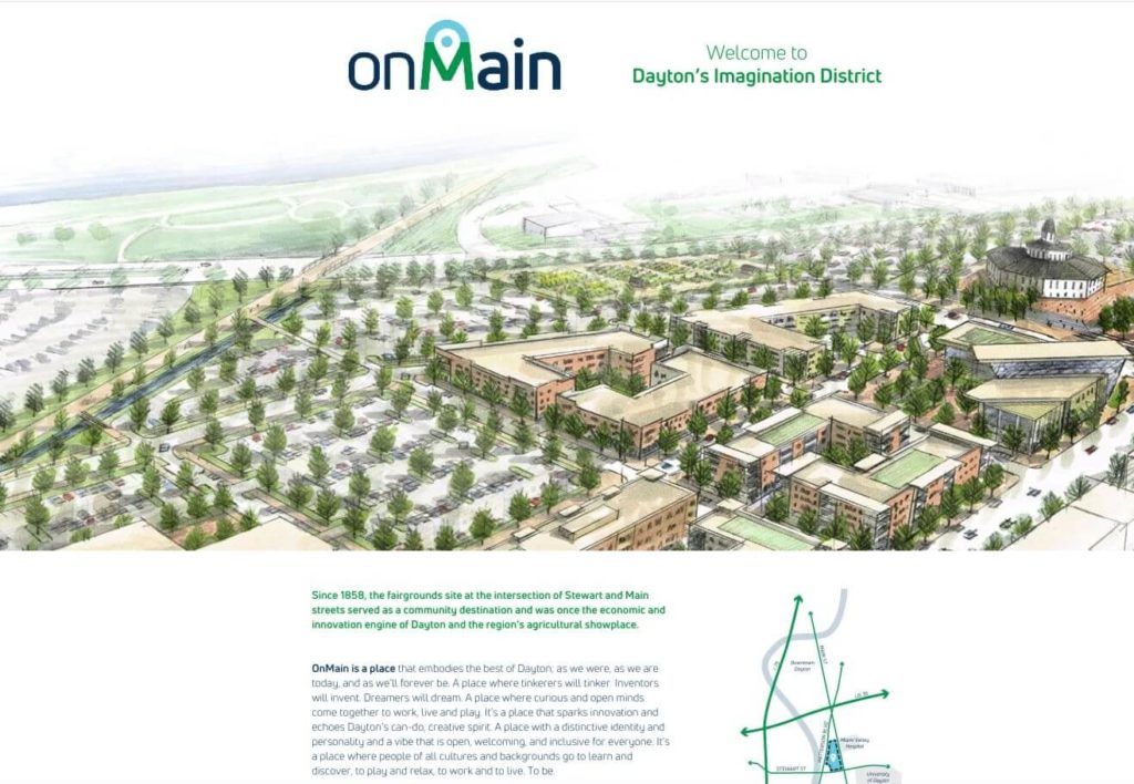 Screenshot of the onMain website from the Dayton Ohio opportunity zone project - the Imagination District.
