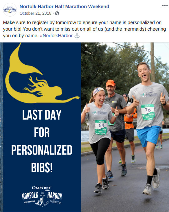 Screenshot of a post by a half marathon advertising personalized bibs as a perk of registering early.
