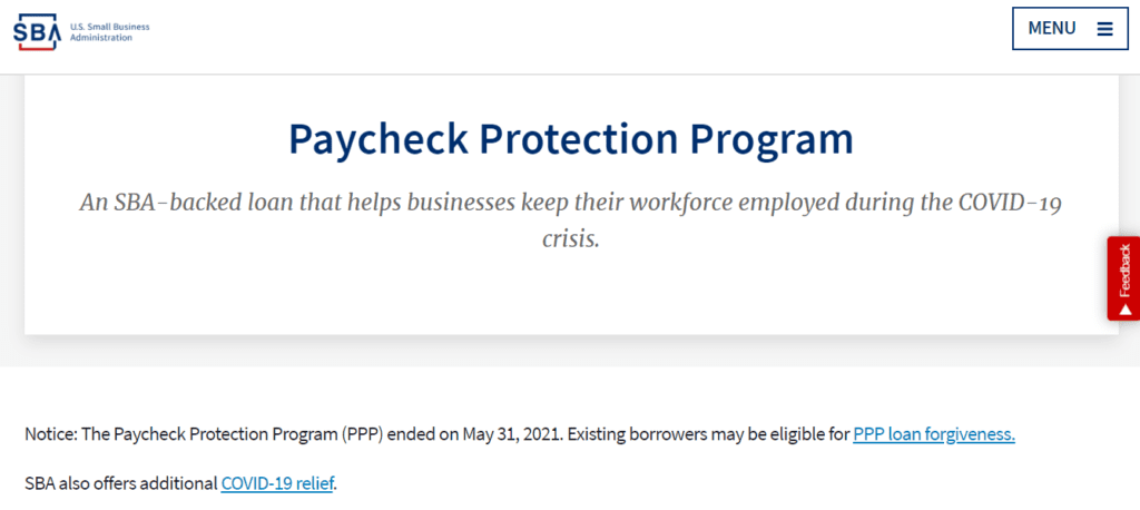 Screenshot of the U.S. SBA landing page for the PPP program.