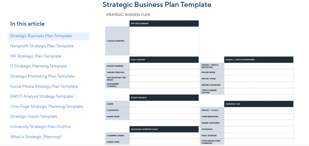 Screenshot from Smartsheet.com, a site with multiple types of strategic plan templates.