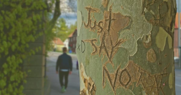 Image of a tree with "just say no" as a reminder to not use the word "just" for good email etiquette