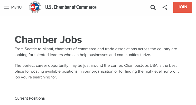 Screenshot of the U.S. Chamber of Commerce Jobs board website page