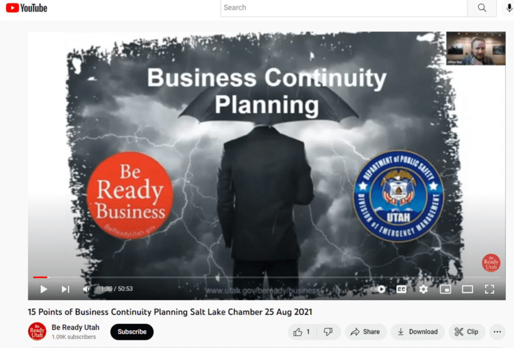 Screenshot of video for natural disaster preparation presentation by Salt Lake Chamber of Commerce