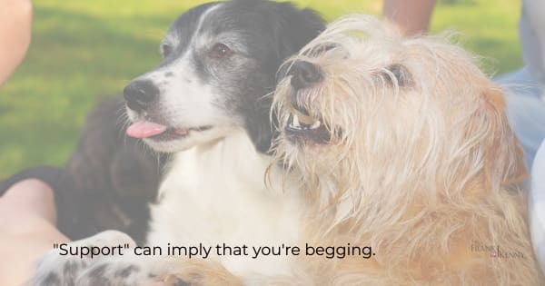 Image of two dogs begging to illustrate the idea that asking for "support" instead of selling the value of virtual events is akin to begging.