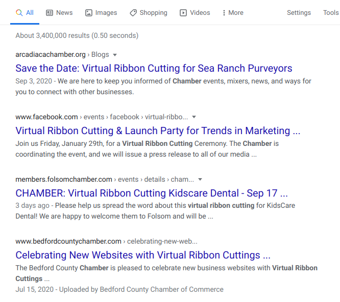 Screenshot of Google search results for the phrase "virtual ribbon cutting ceremony."