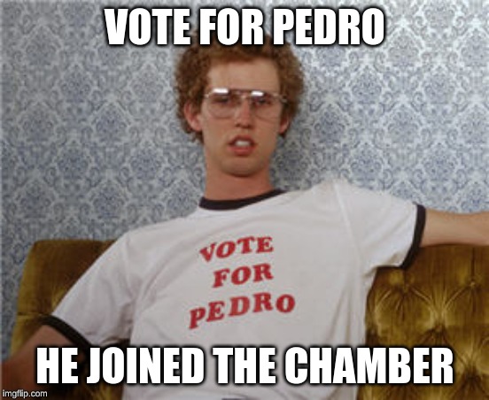 Meme from Napolean Dynamite: Vote for Pedro - He Joined the Chamber