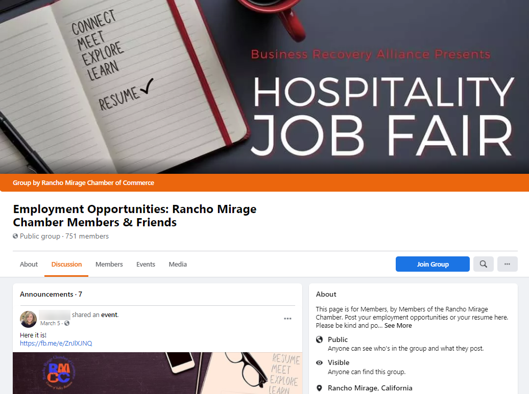 One solution to the worker shortage. Rancho Mirage Chamber created a jobs / job seekers Facebook group.
