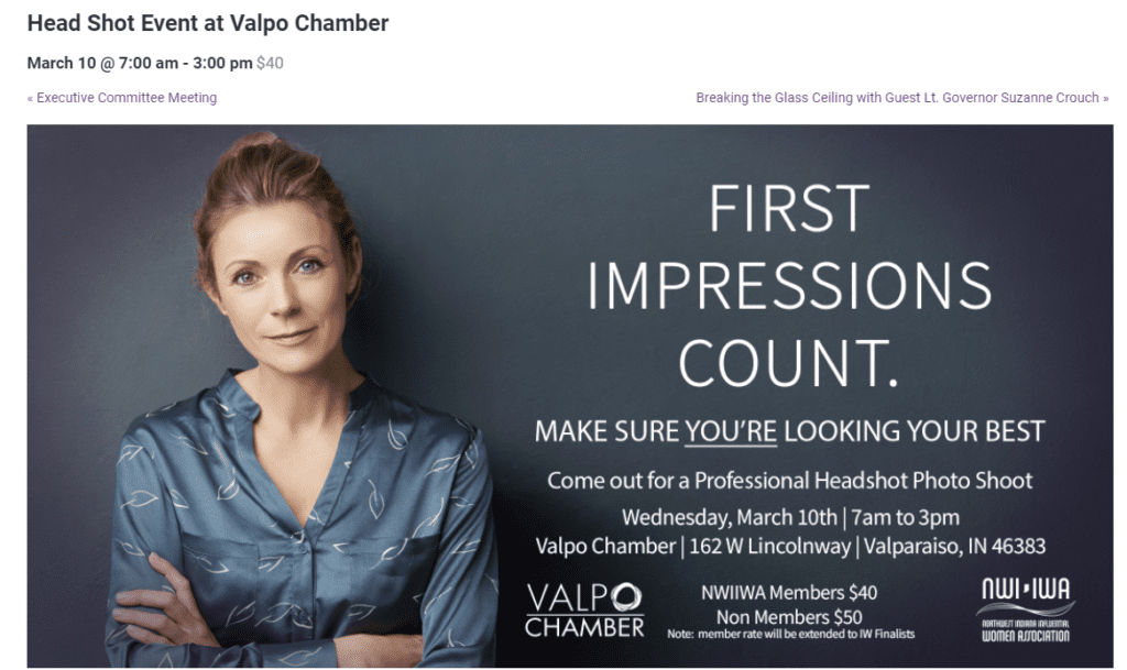 Screenshot of a recent event by the Valparaiso Chamber for working moms and professional women to get new headshots.